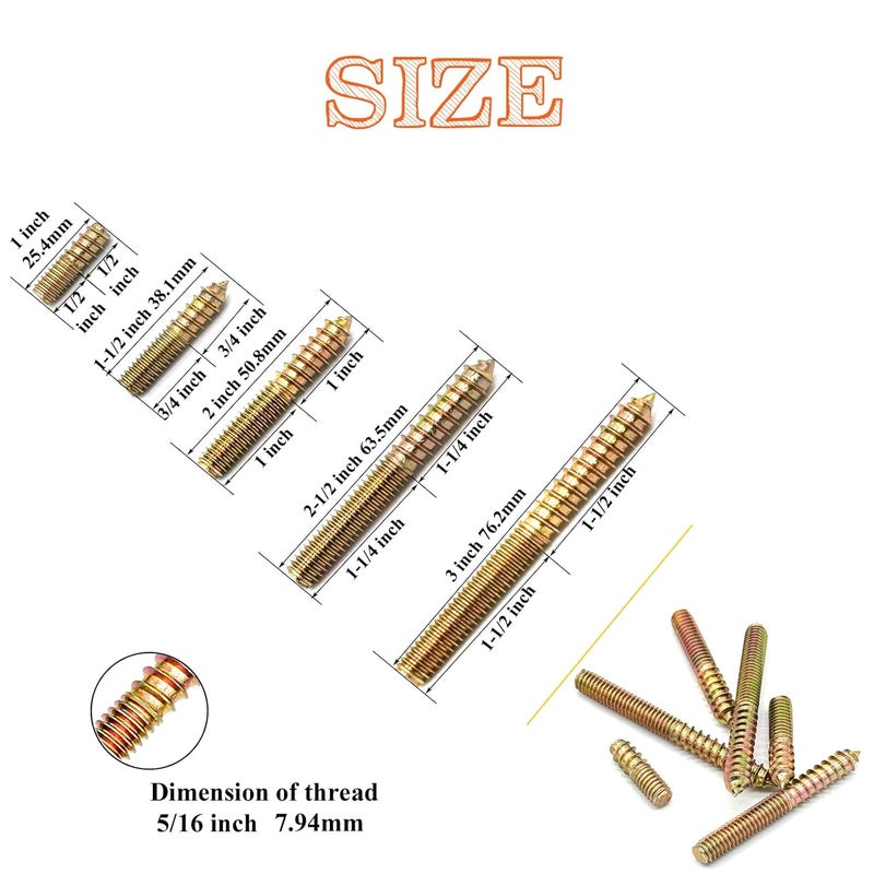 Matrelt 30 Pack 5/16-18" Hanger Bolts 5Sizes 1-3 Inch Double Headed Bolts Wood Dowel Screw Self-Tapping Screw Hanger Bolts for Wood Furniture Double Threaded Rods Bolt - Image 2